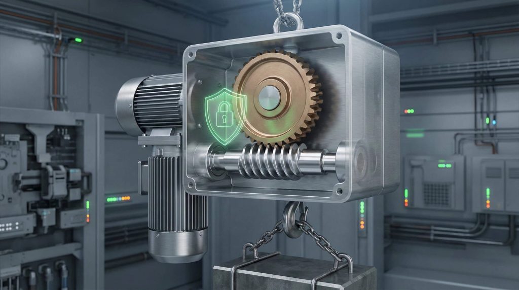 Motor-driven worm gearbox with protective safety system in industrial environment