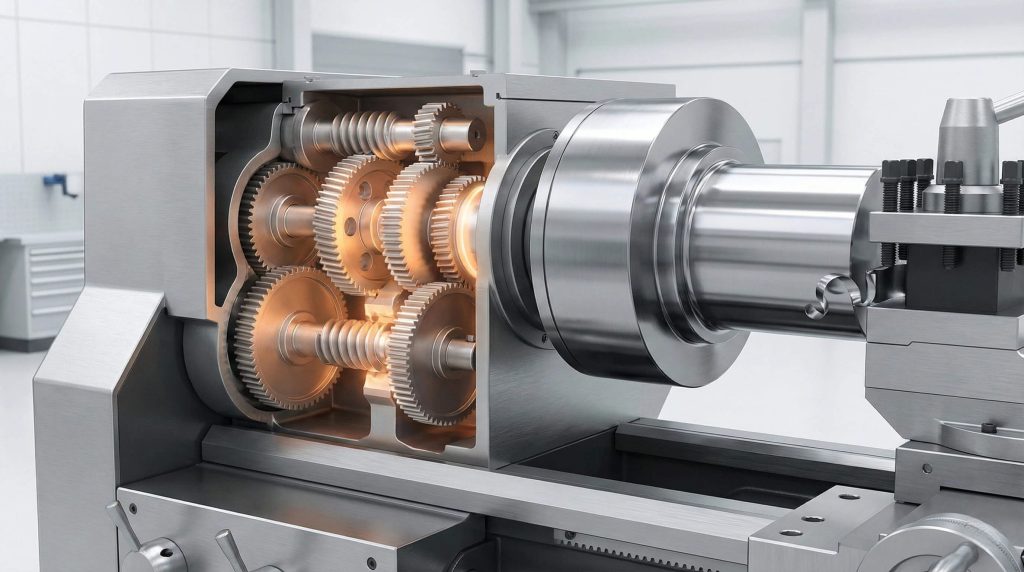 Cutaway view of precision gearbox inside a CNC machine drive system