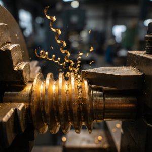 ndustrial worm gearbox components and repair tools in a machine workshop