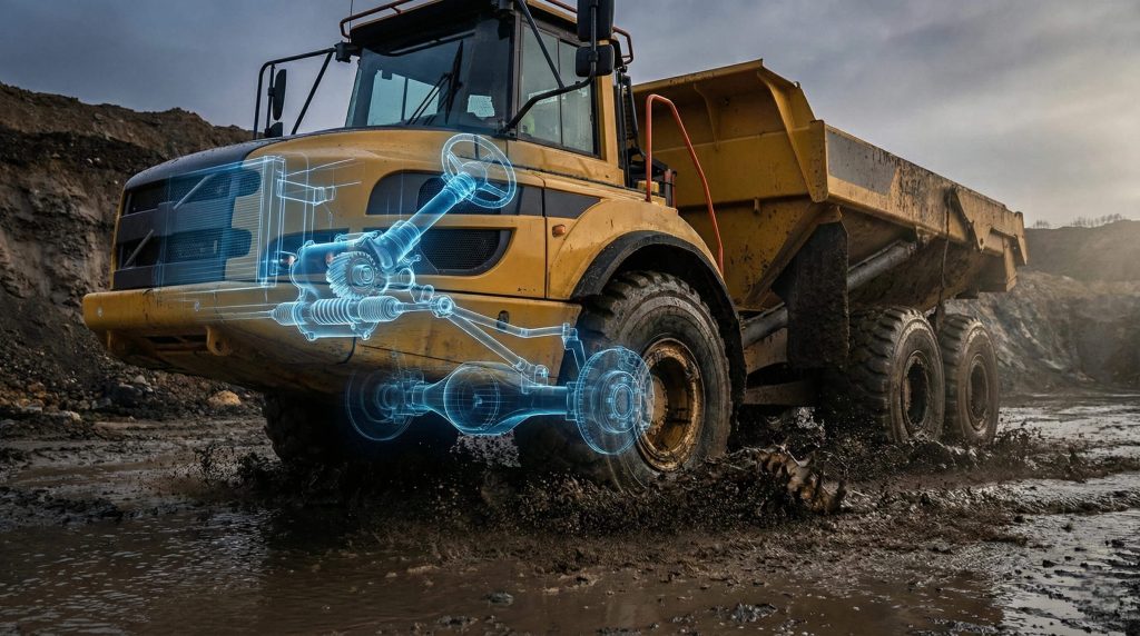 Yellow articulated dump truck driving through mud with a blue holographic wireframe overlay revealing its internal steering column, gearbox, and front axle suspension system.