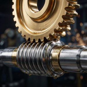 Close-up of a golden brass worm wheel meshing with a silver steel worm shaft, featuring blurred sparks in the background representing an industrial manufacturing environment.