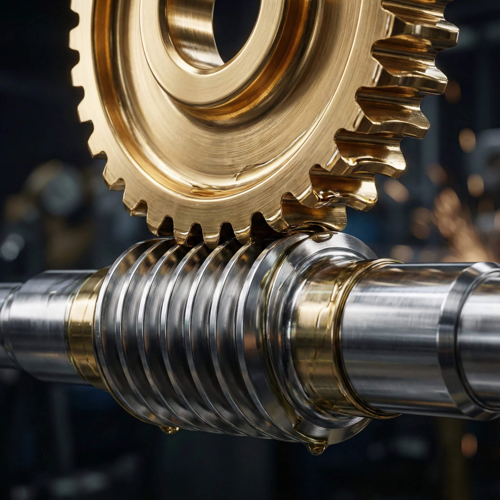 Close-up of a golden brass worm wheel meshing with a silver steel worm shaft, featuring blurred sparks in the background representing an industrial manufacturing environment.