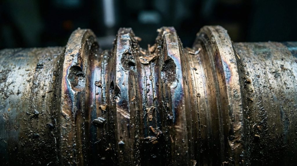 Macro photography of a damaged worm shaft showing severe metal pitting, spalling, and surface wear due to lubrication failure or fatigue.