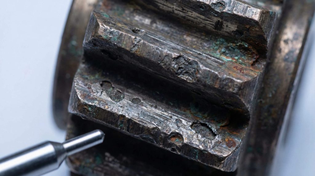Macro photography of severe pitting, corrosion, and surface wear on metal gear teeth being examined by an inspection probe.