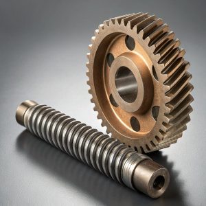 Precision machined worm and wheel gear set featuring a hardened steel worm shaft and a phosphor bronze gear wheel for industrial power transmission.