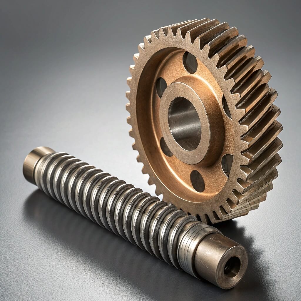 Precision machined worm and wheel gear set featuring a hardened steel worm shaft and a phosphor bronze gear wheel for industrial power transmission.