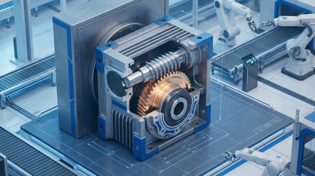 3D cutaway illustration of an industrial worm gearbox showing internal components, set against a background of robotic arms and conveyor belts.