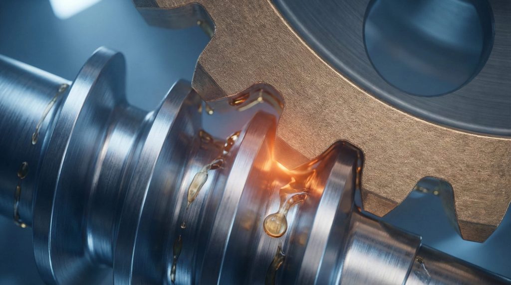 Macro detail shot of a lubricated worm gear system, showing oil droplets on the interlocking teeth of a steel worm and bronze gear.