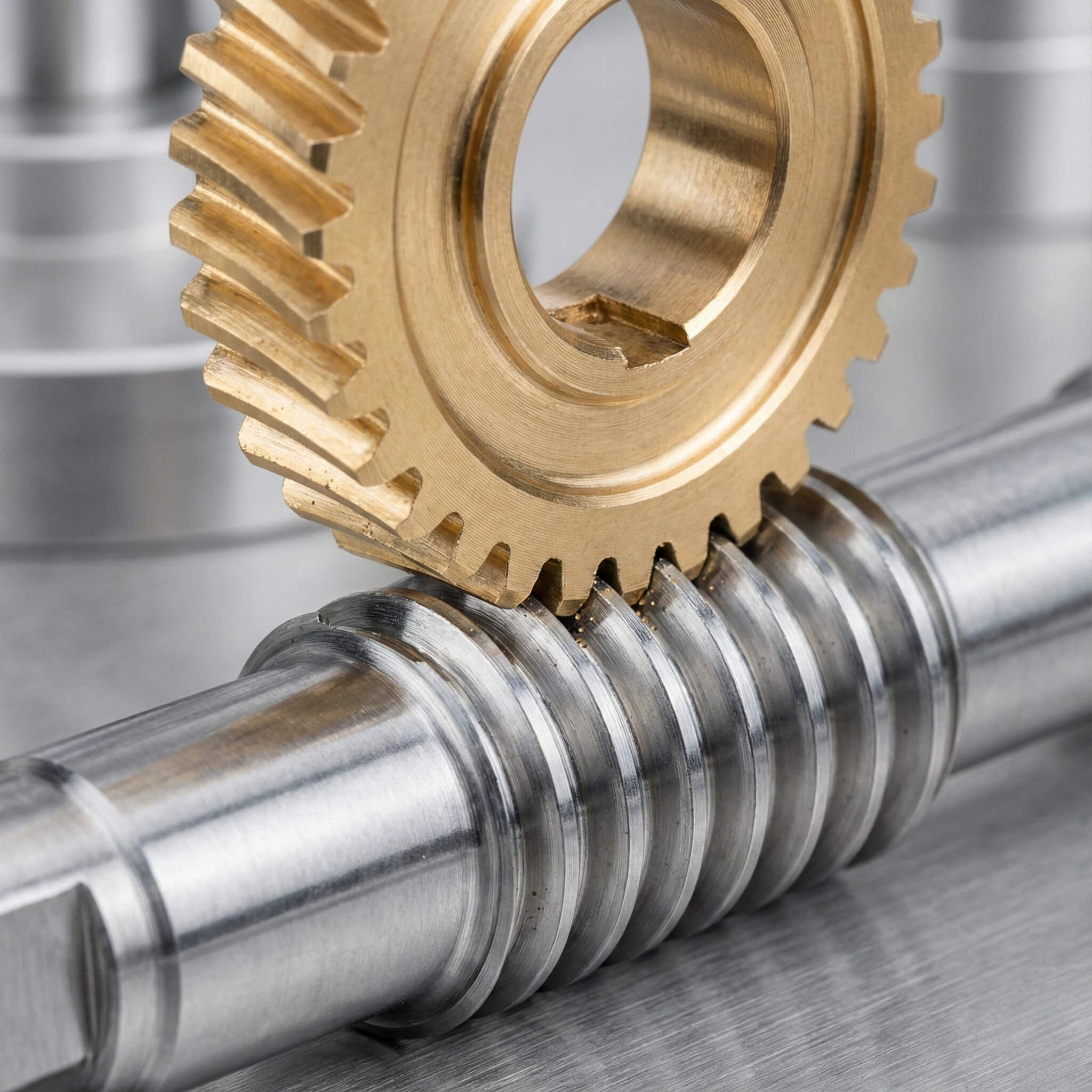 Close-up of a precision brass worm wheel meshing with a polished stainless steel worm screw.