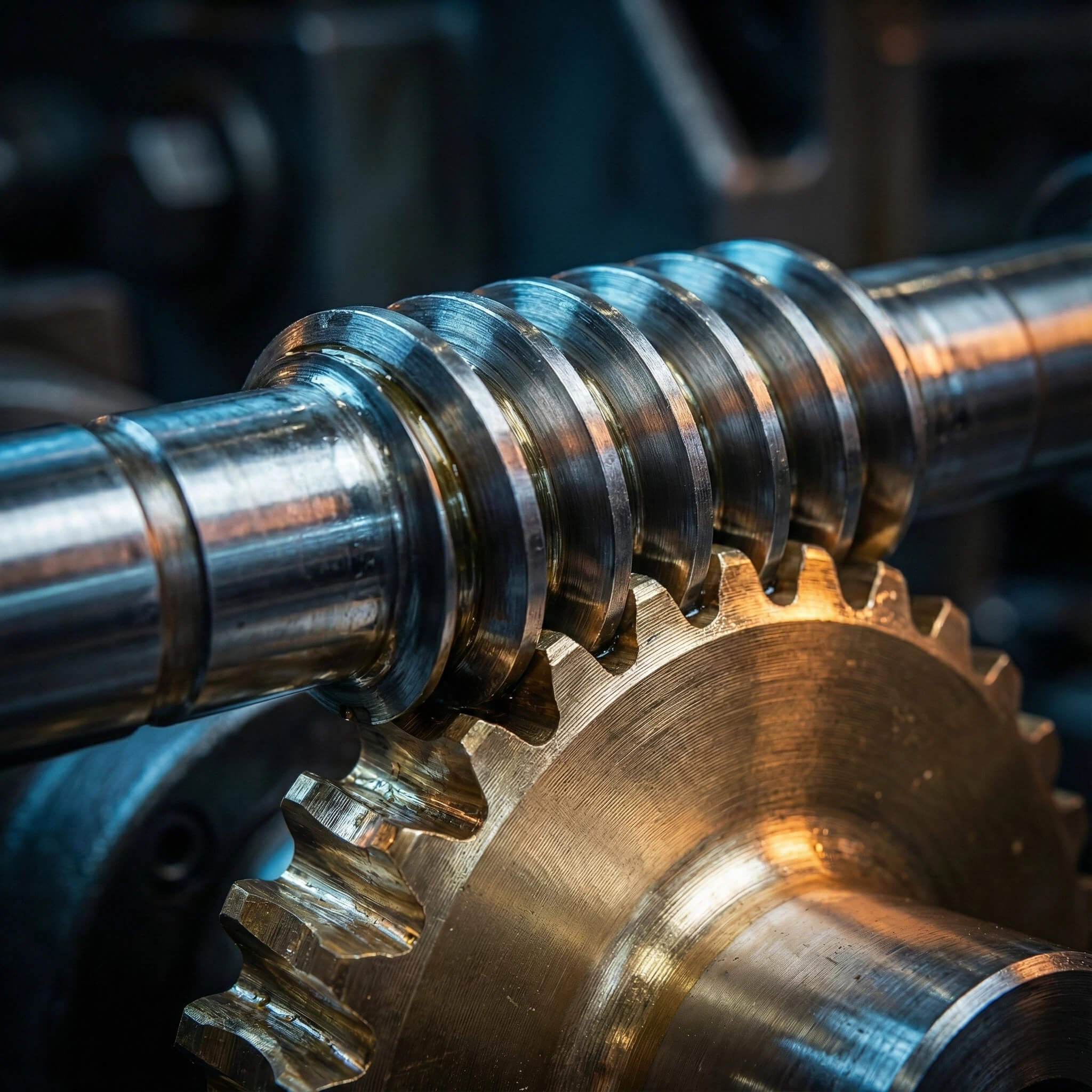 Close-up detail of a steel worm screw meshing with a brass worm wheel, showing lubrication and gear teeth texture.