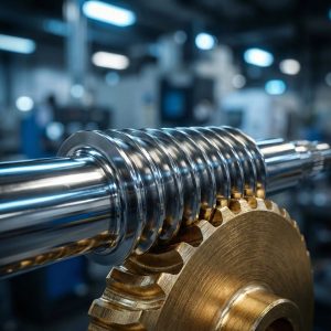 Close-up of a polished steel worm screw meshing with a bronze worm wheel in a blurred industrial factory setting.
