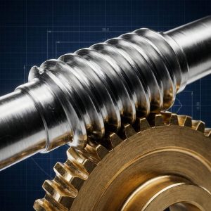 Close-up view of a polished steel worm screw meshing with a brass worm wheel against a blue technical blueprint background.