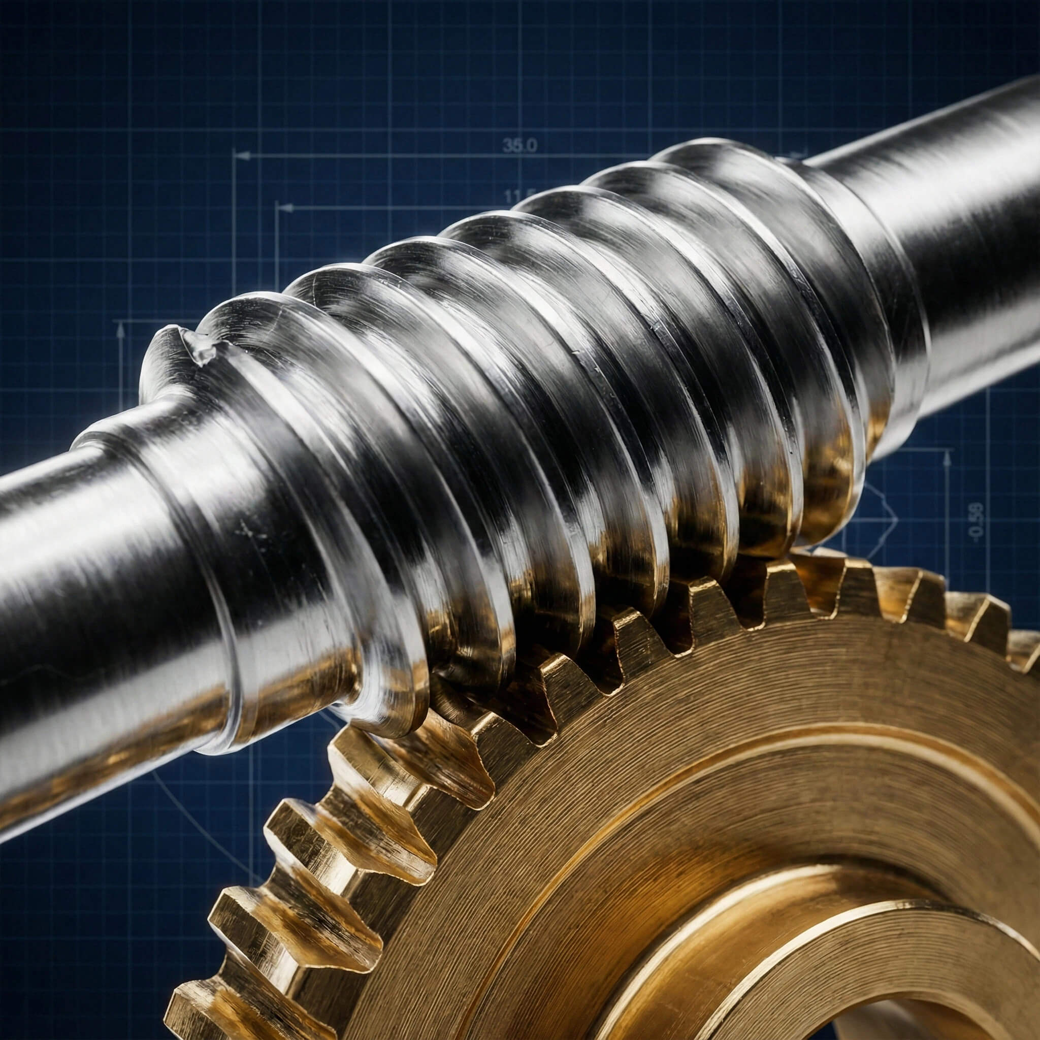 Close-up view of a polished steel worm screw meshing with a brass worm wheel against a blue technical blueprint background.