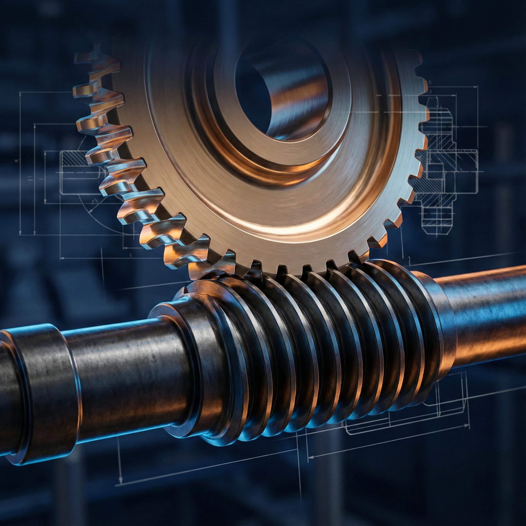 A high-quality 3D illustration of a bronze worm gear meshing with a steel worm shaft against a blue technical blueprint background.