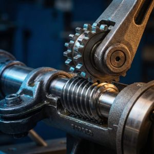 Close-up macro shot of a steel worm drive mechanism showing the meshing of the spiral worm screw with the gear wheel in an industrial machine.
