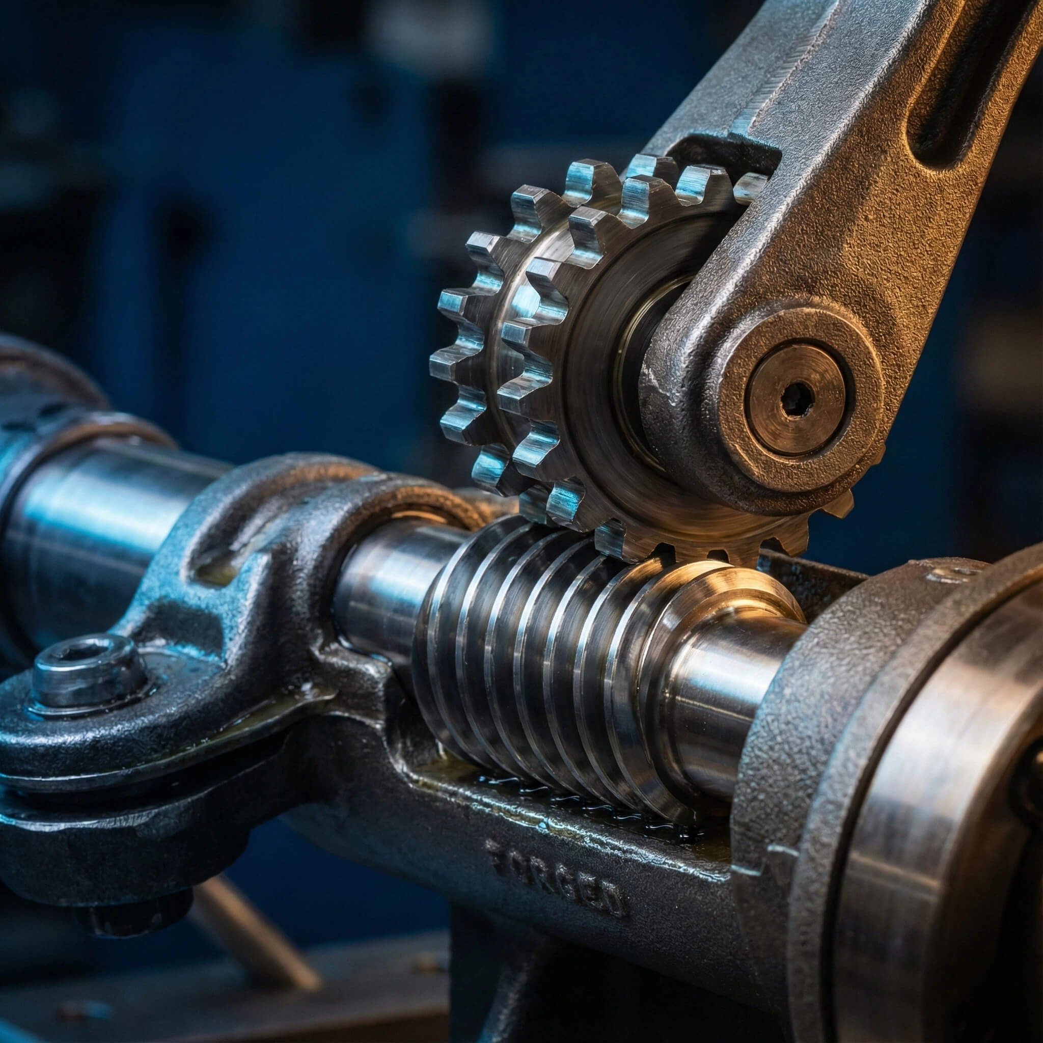 Close-up macro shot of a steel worm drive mechanism showing the meshing of the spiral worm screw with the gear wheel in an industrial machine.