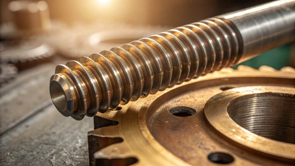 Extreme macro close-up showing the sliding contact point between steel worm threads and bronze gear teeth.