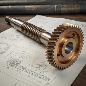 A precision steel worm shaft and a bronze worm wheel resting on engineering blueprints, illustrating worm gear ratio components.
