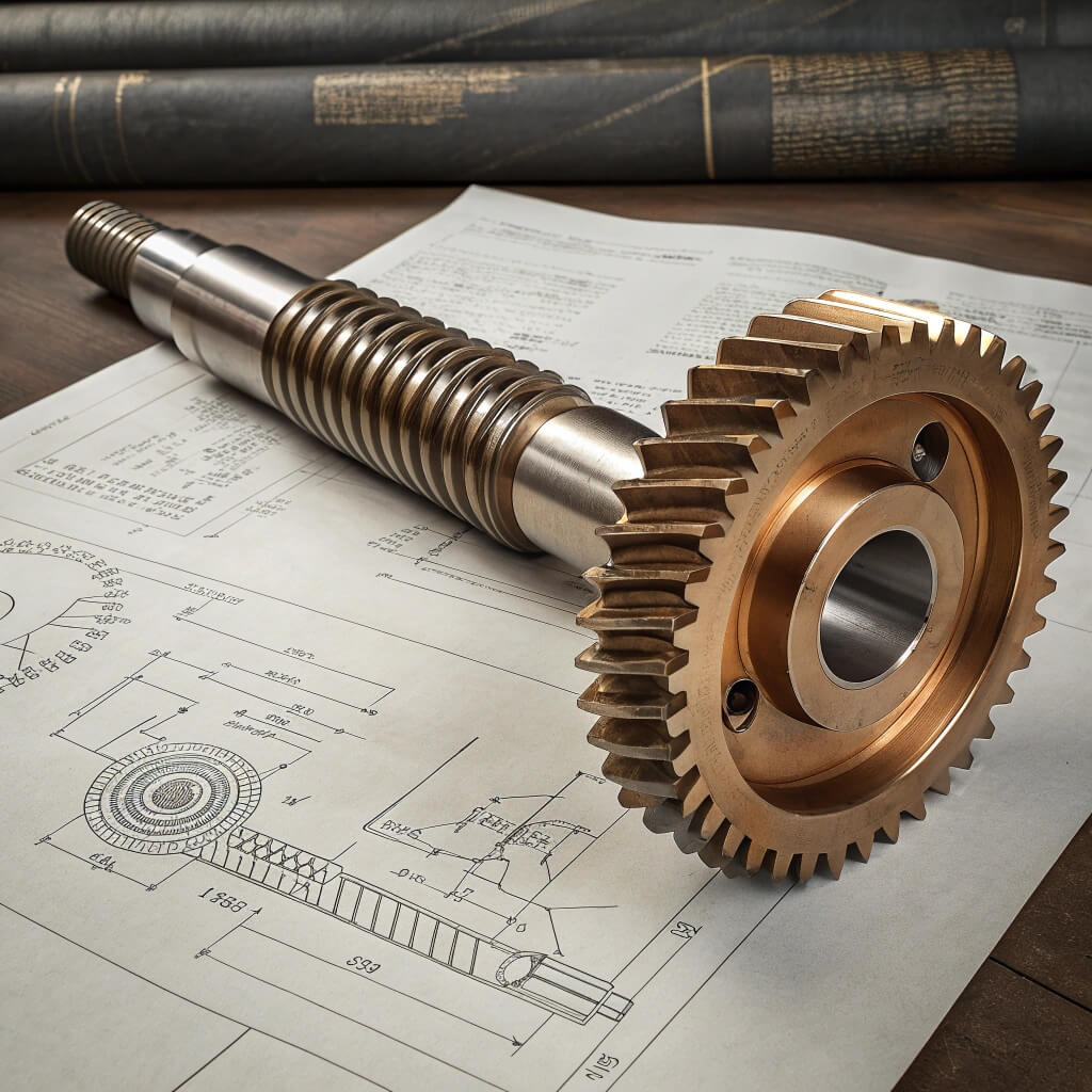 A precision steel worm shaft and a bronze worm wheel resting on engineering blueprints, illustrating worm gear ratio components.
