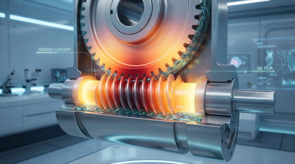 Cutaway 3D visualization of a worm gear mechanism showing tribology concepts: glowing orange areas indicate friction heat, and blue fluid represents the protective oil film.
