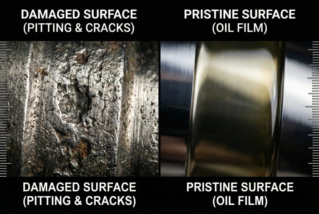 Microscopic comparison of gear tooth surfaces: the left side shows a damaged spur gear with pitting and cracks, while the right side shows a pristine helical gear surface protected by an oil film.