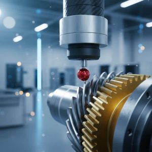 CMM probe inspecting helical gear tooth profile for dimensional accuracy