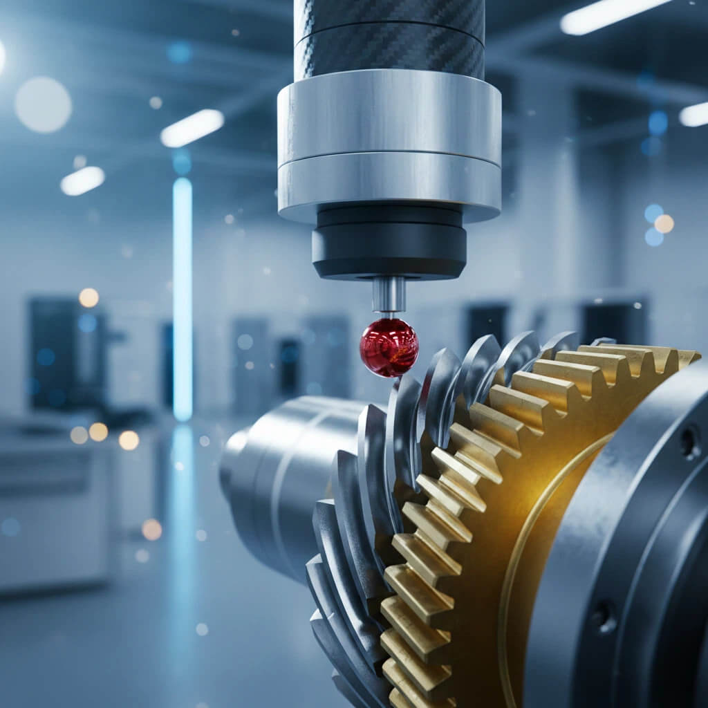 CMM probe inspecting helical gear tooth profile for dimensional accuracy