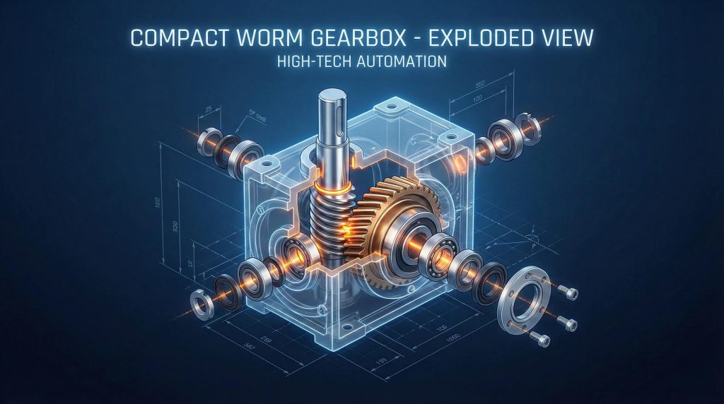 Exploded view of compact worm gearbox with bearings, shaft, housing and internal components