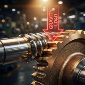 Close-up worm gear drive system with highlighted gravity load force direction