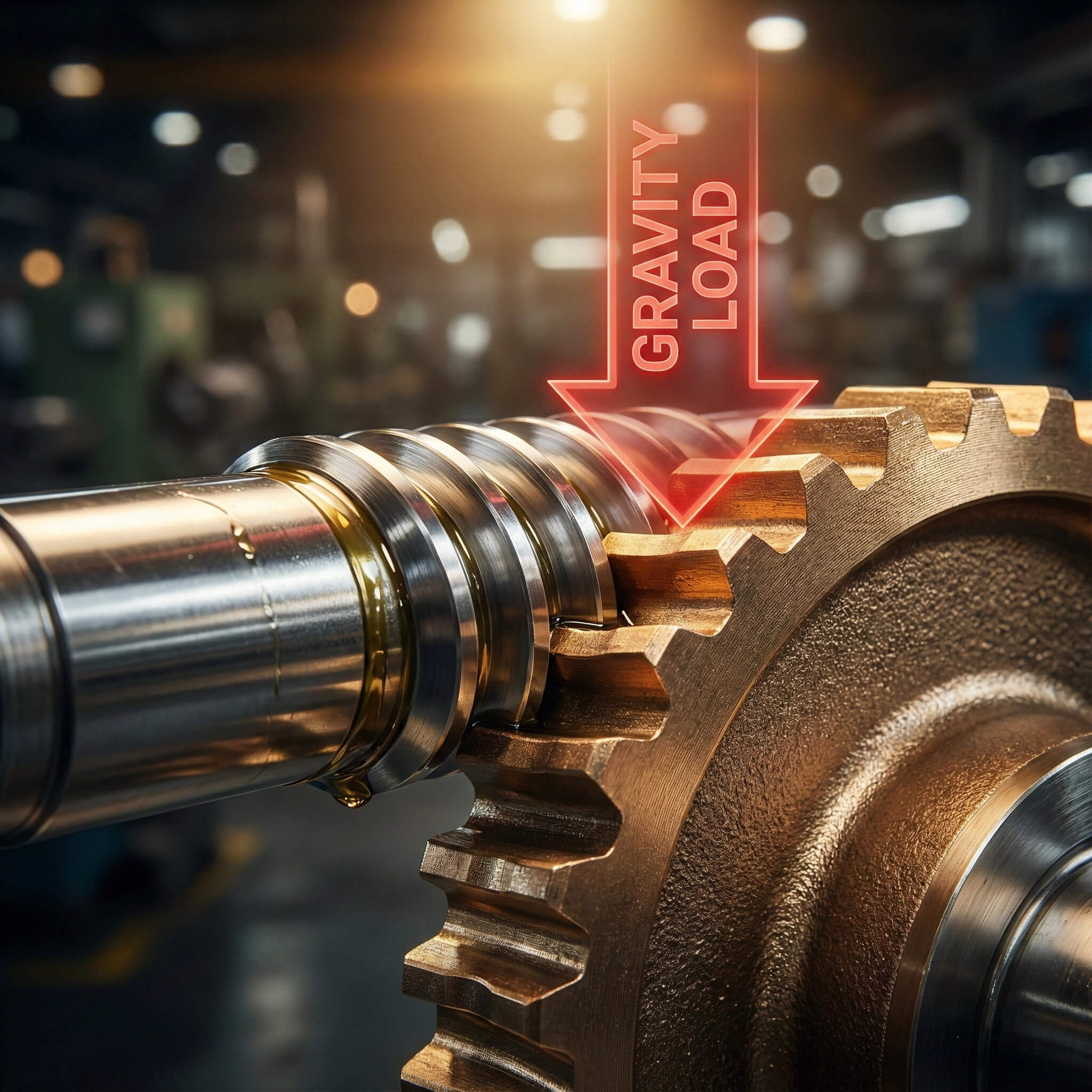 Close-up worm gear drive system with highlighted gravity load force direction