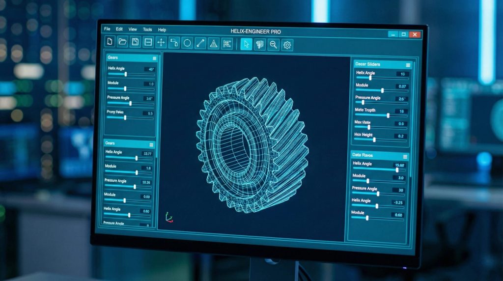 CAD software interface displaying a custom helical gear wireframe model, highlighting adjustable parameters like helix angle and pressure angle for design optimization.