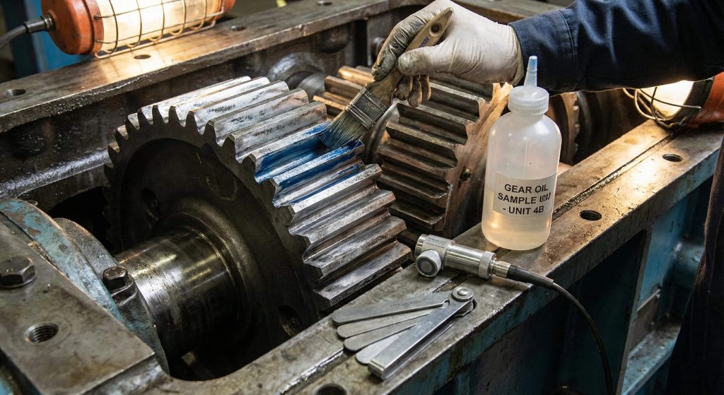 Applying marking compound to spur gear teeth to inspect contact patterns and identify early signs of gear failure