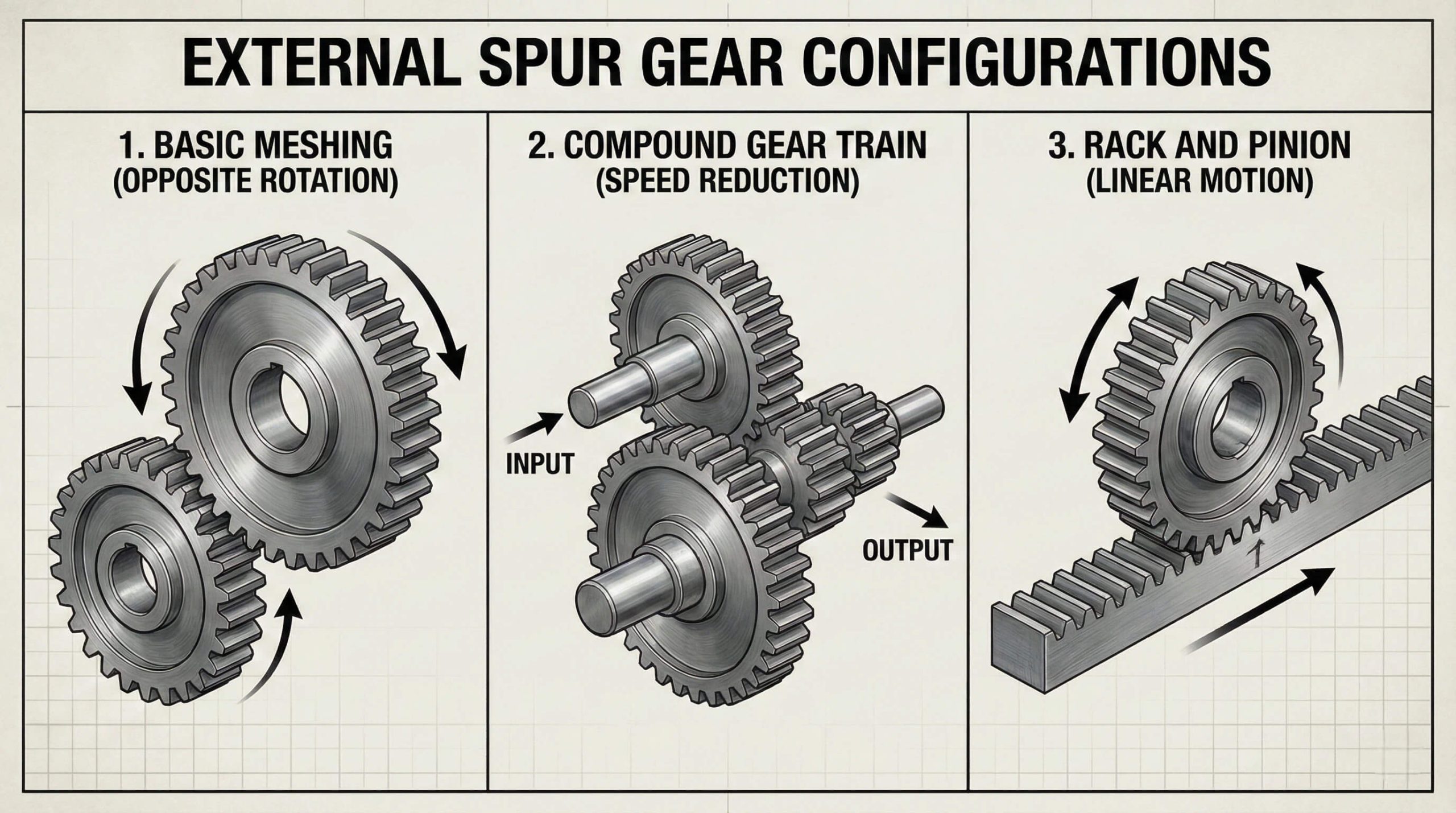 External spur gear configurations showing basic meshing, compound gear train, and rack and pinion linear motion