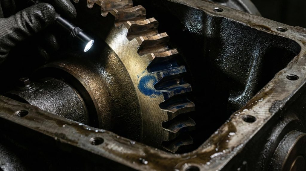 Technician inspecting worn gear teeth inside industrial gearbox using flashlight