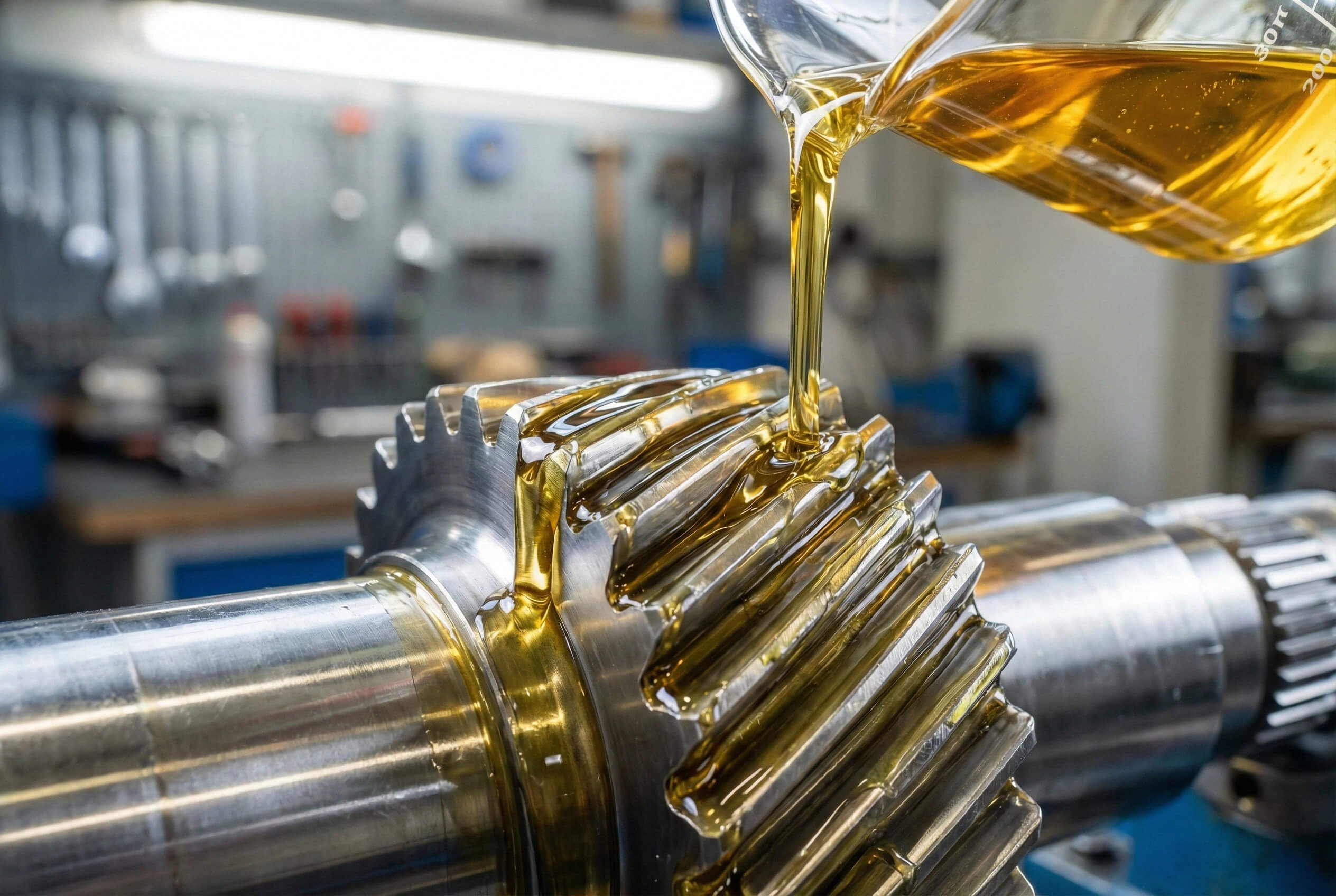 Close-up of golden synthetic lubricant being poured onto a steel helical gear, illustrating the critical need for high-quality oil to manage sliding friction heat.