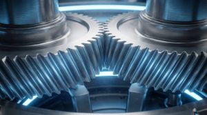 Close-up of precision helical gears meshing in a high-speed industrial transmission system, illustrating the structural advantages for heavy-load drives.