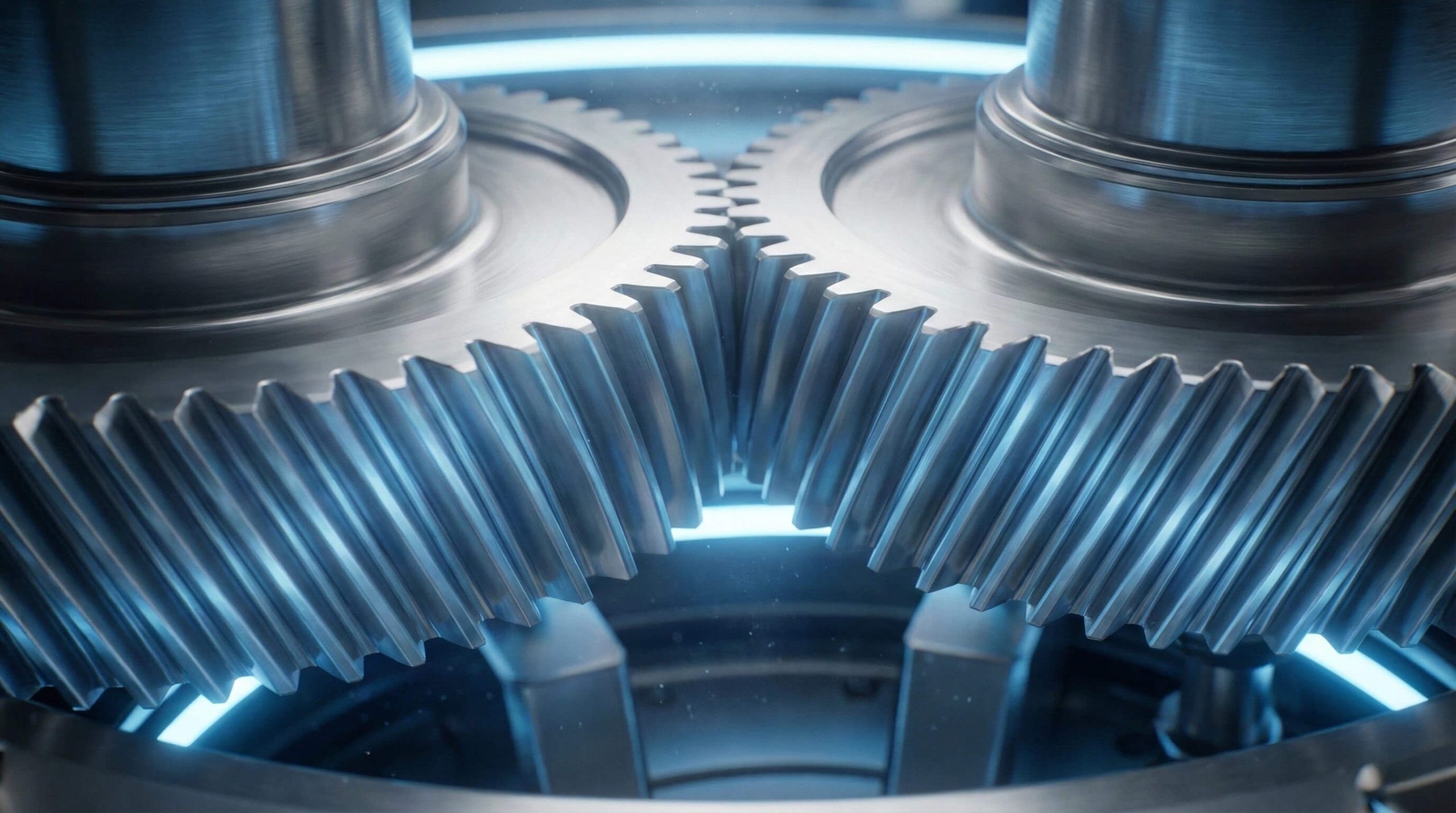 Close-up of precision helical gears meshing in a high-speed industrial transmission system, illustrating the structural advantages for heavy-load drives.