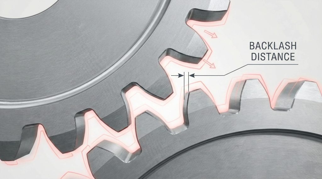 Spur gear backlash distance shown as clearance between non-driving tooth flanks to prevent jamming
