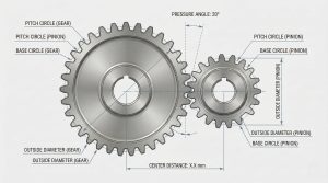 Spur gear center distance calculation diagram showing pitch circles, base circles, outside diameters, and pressure angle