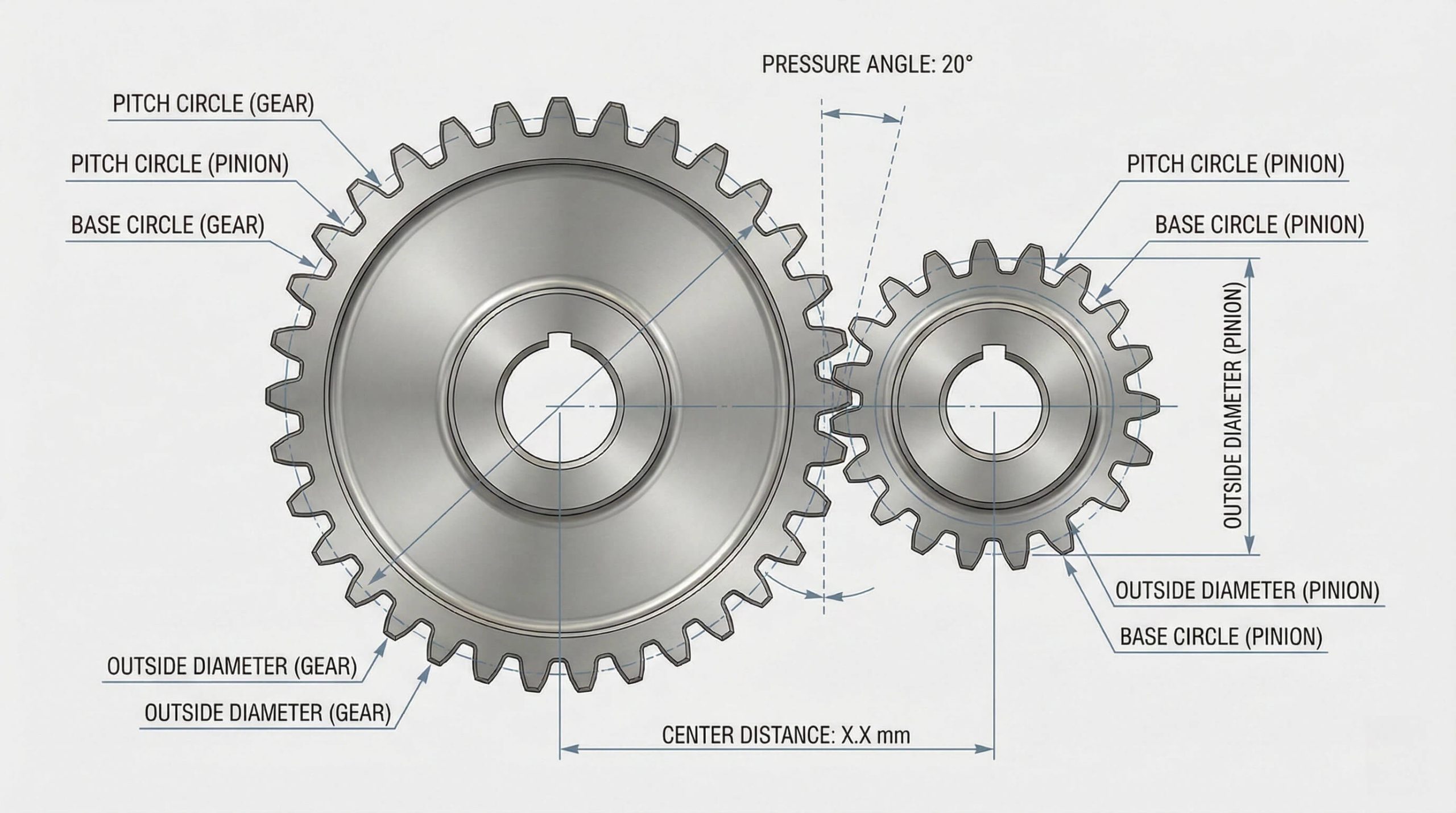Spur gear center distance calculation diagram showing pitch circles, base circles, outside diameters, and pressure angle