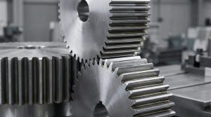 Precision-machined steel spur gears meshing together in an industrial power transmission system