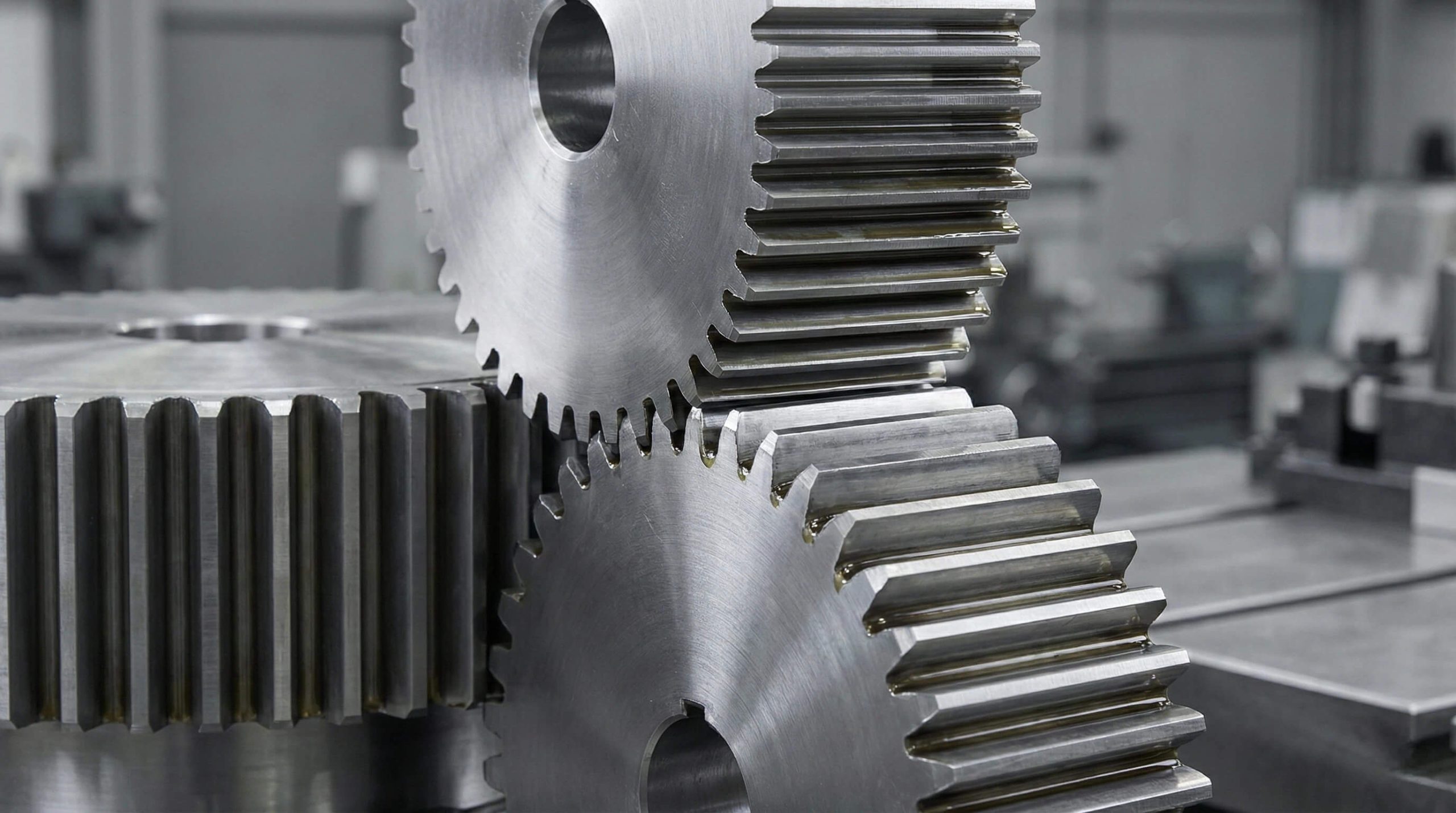 Precision-machined steel spur gears meshing together in an industrial power transmission system