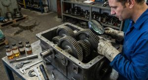 Maintenance engineer inspecting spur gears inside an industrial gearbox using a magnifying glass to identify early signs of gear failure