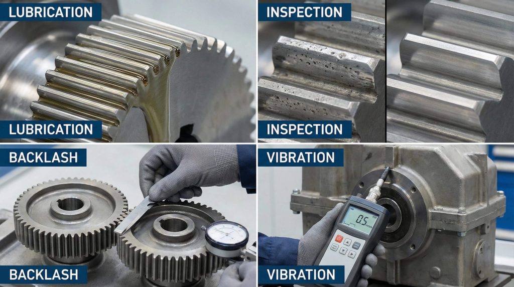 Spur gear maintenance procedures including lubrication, tooth inspection, backlash measurement, and vibration monitoring