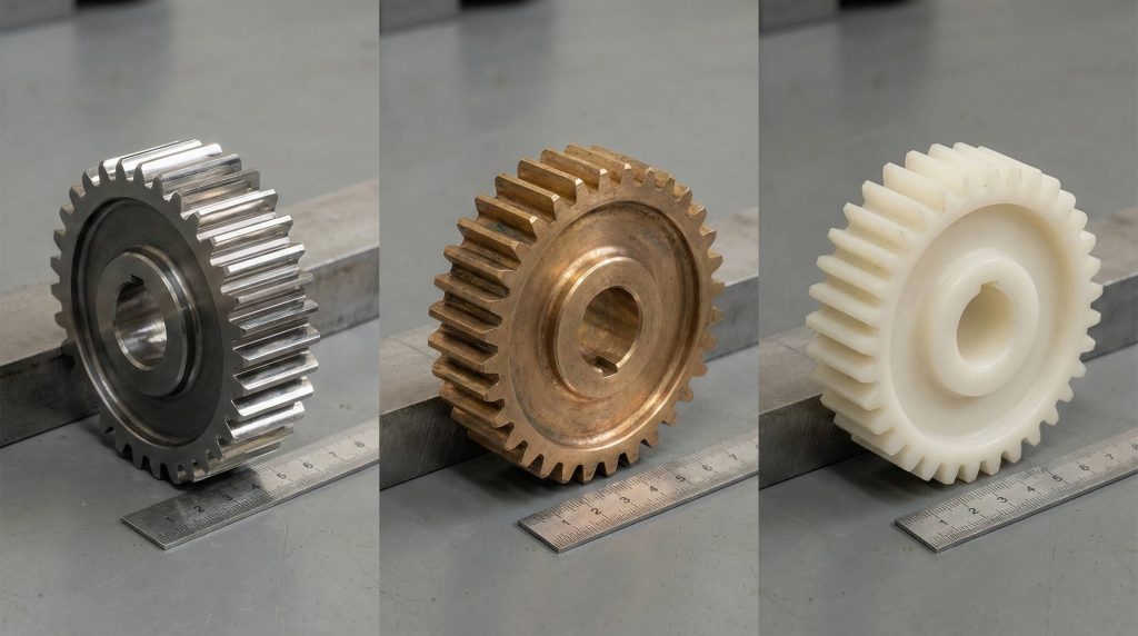 Comparison of spur gears made from hardened steel, bronze, and plastic materials