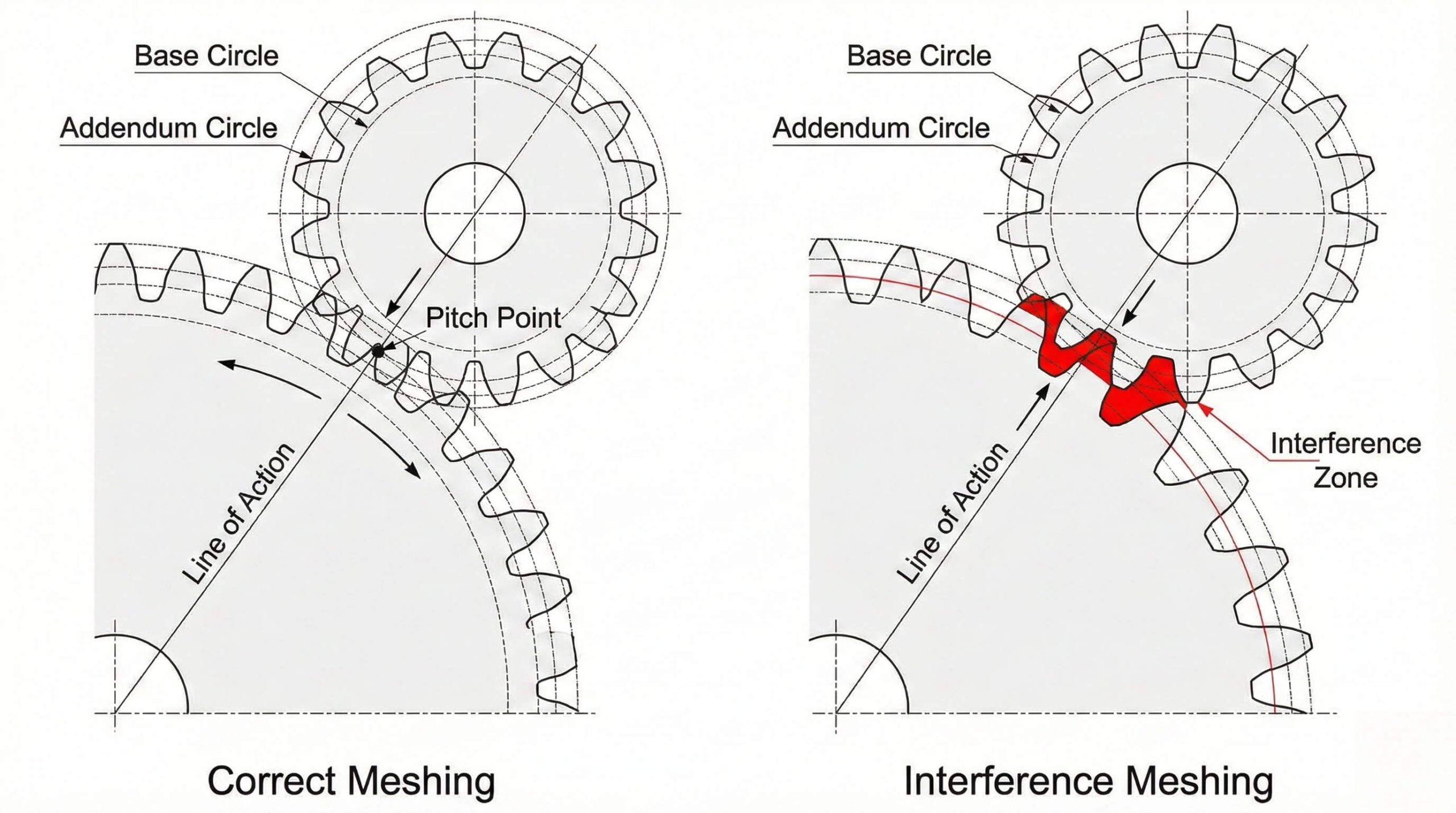 Technical diagram comparing correct involute gear contact and gear tooth tip interference.