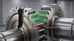 Spur gear meshing diagram showing line of action, base circle, safe meshing zone, and interference risk area