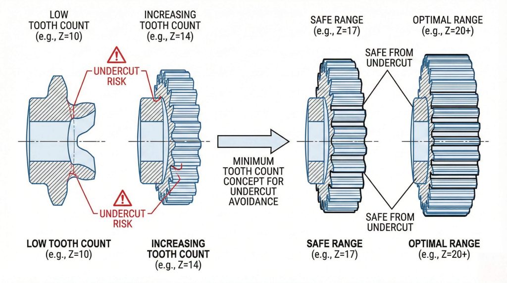 Diagram showing minimum spur gear tooth count required to avoid undercutting and ensure safe meshing