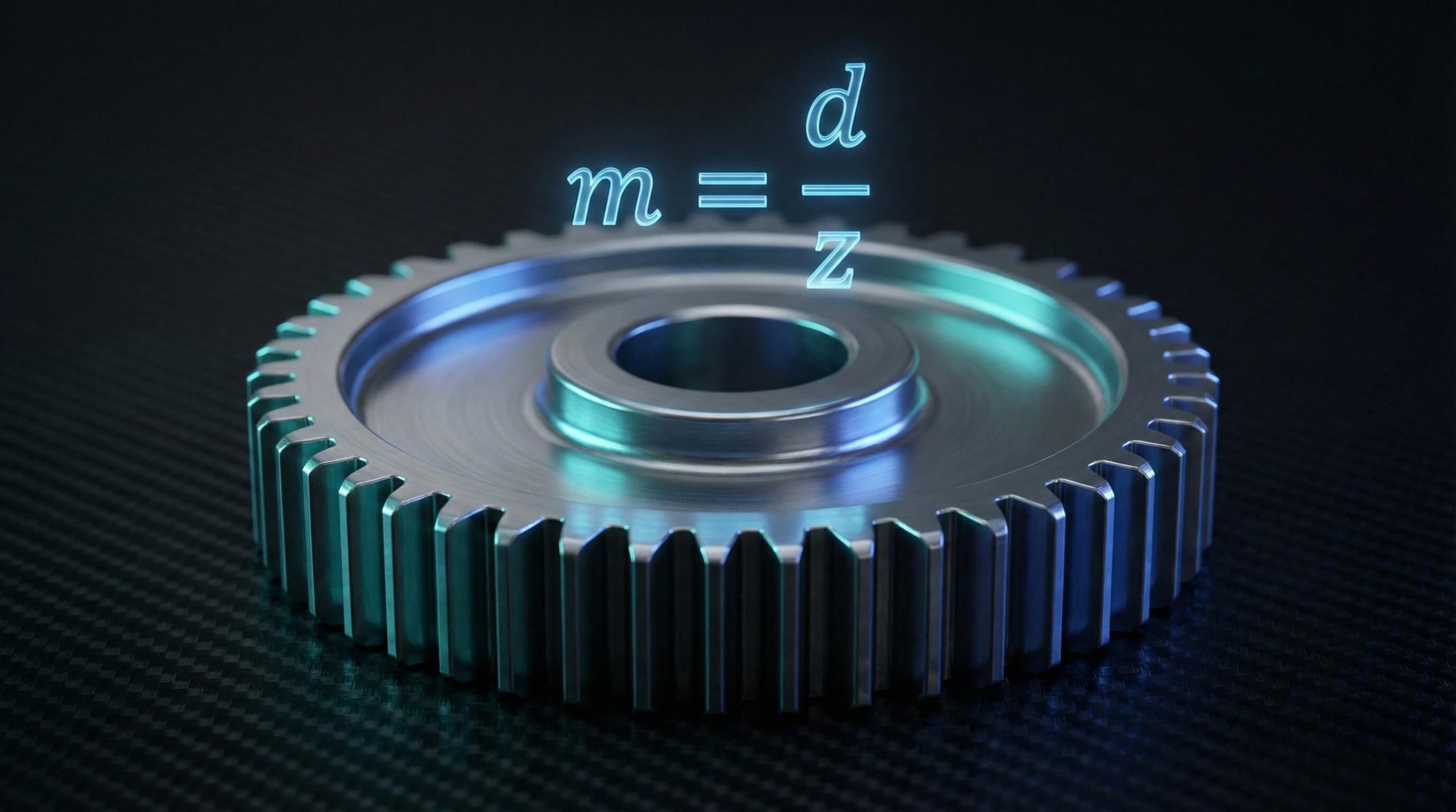 Precision steel spur gear on a carbon fiber background with a holographic overlay showing the module calculation formula m=d/z.