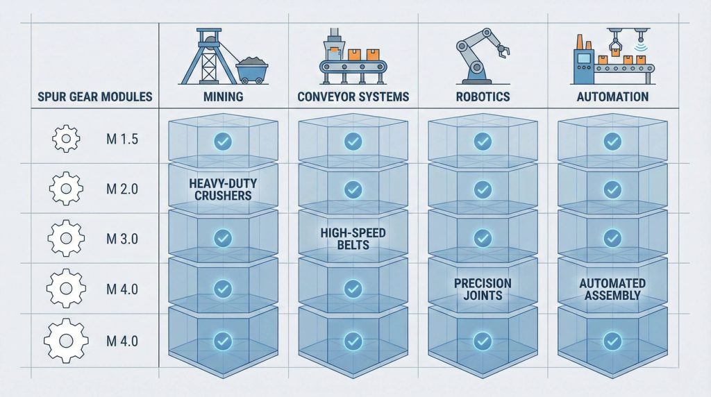 Industrial applications chart showing spur gear module sizes used in mining, conveyor systems, robotics, and automation